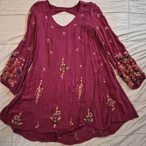 Free People Oxford Embroidered Mini Dress, Small, Plum Combo (small repair)